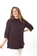 Kadın Büyük Beden Mürdüm Sıfır Yakalı Kendinden Desenli Kapri Kollu Tunik 65N37495