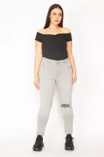 Kadın Gri Likralı Kot Yırtık Detaylı 5 Cepli Skınny Pantolon 65N29525