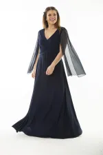 Kadın Büyük Beden Lacivert Bel Detaylı Kolları Tül Abiye Elbise 65N37065