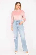 Kadın Büyük Beden Mavi Yıkama Efektli Yırtık Detaylı Yüksek Bel Kot Pantolon 65N37274