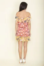 WOMEN'S SALMON FLORAL PATTERNED FLOORN DETAILED LINED DRESS