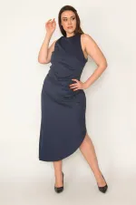 ROBE BLEU MARINE POUR FEMME AVEC PLIS À LA TAILLE ET FERMETURE ÉCLAIR DOS CACHÉE