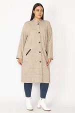 Hakim Yaka Ekose Desenli Ön Boy Baskı Düğmeli Cep Ağzı Suni Deri Garnili Astarsız Uzun Kap