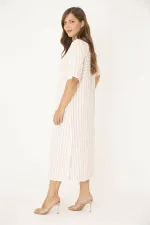 Kadın Büyük Beden Pembe Yakası Dantel Detaylı Çizgi Kombinli Elbise 65N36787