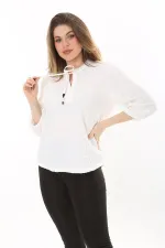 Kadın Büyük Beden Kemik Kendinden Desenli Gofre Kumaş Yaka Bağcıklı Kapri Kollu Bluz 65N37579