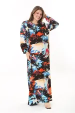 Kadın Büyük Beden Mavi Yaka Bağcıklı Uzun Kollu Maksi Boy Elbise 65N37869