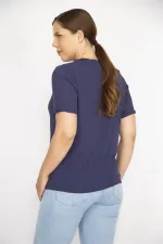 Kadın Lacivert Büyük Beden Kendinden Çizgili Kısa Kollu Bluz