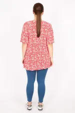 Kadın Kırmızı Büyük Beden Önü A Pileli V Yakalı Tunik