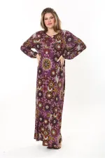 Kadın Büyük Beden Kahve Yaka Bağcıklı Uzun Kollu Maksi Boy Elbise 65N37866