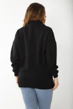 Kadın Büyük Beden Siyah İçi Şardonlu Ön Pat Fermuarlı Nakışlı Sweatshirt 65N37207