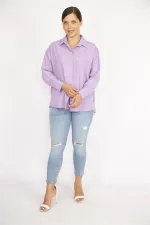 Kadın Büyük Beden Lila Poplin Kumaş Ön Düğmeli Yan Yırtmaçlı Uzun Kollu Gömlek 65N36798