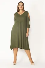 Kadın Haki Omuz Dekolteli Göğüs Büzgü Ve Kol Volan Detaylı Viskon Elbise 65N27447