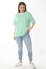 Kadın Büyük Beden Yeşil Bisiklet Yakalı Çizgili Bluz 65N37022