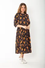 Kadın Büyük Beden Siyah Noel Desenli Belden Büzgülü Kapri Kollu Elbise 65N37427