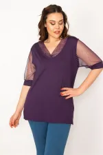 Kadın Mürdüm Kol Ve Yakası Tül Ve Taş Detaylı Bluz 65N33345