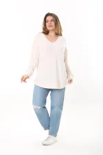 Kadın Büyük Beden Pudra V Yakalı Kendinden Çizgili Uzun Kollu Tunik 65N37527