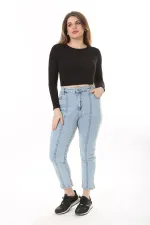 Kadın Büyük Beden Mavi Kup Dikiş Detaylı Likralı 5 Cep Kot Pantolon 65N37641