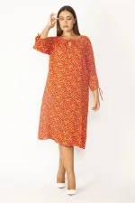 Kadın Bordo Yaka Ve Kolları Bağcık Detaylı Dokuma Viskon Kumaş Çıtır Desenli Elbise 65N28831