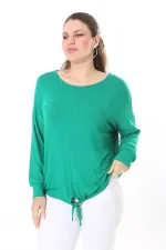 Kadın Büyük Beden Saks Önden Bağlamalı Uzun Kollu Bluz 65N37695