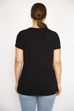 Kadın Siyah Büyük Beden Bisiklet Yakalı Kısa Kollu Arkası Uzun Bluz