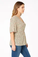 Kadın Büyük Beden Renkli, Çiçek Desenli, Anvelop Yaka, Bel Lastikli, Çiçek Desenli Tunik 65N39177