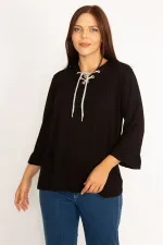 Kadın Bordo Yakası Kuşgözü Bağcık Detaylı Kol Ağzı Fırfır Büzgülü Bluz 65N34648