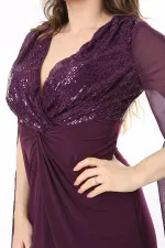 Kadın Büyük Beden Mürdüm Payet Ve Göğüs Büzgü Detaylı Kolları Şifon Elbise 65N37963