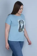 Kadın Mavi Lak Baskılı Düşük Kol Bluz 65N22983