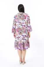 Kadın Büyük Beden Lila Ön Patı Düğmeli Volan Kollu Etek Ucu Katlı Elbise 65N38484