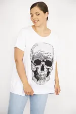 Kadın Büyük Beden Beyaz Taş İşli Bisiklet Yakalı Likralı Bluz