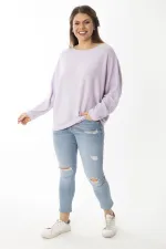 Kadın Büyük Beden Lila Yarasa Kol Kendinden Çizgili Yün Viskon Bluz 65N37007