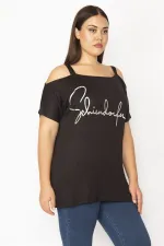 Kadın Siyah Askılı Omuz Dekolteli Lak Baskılı Bluz 65N28776