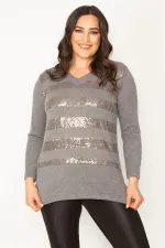 Kadın Gri Pul Payet Detaylı V Yaka Bluz 65N30407