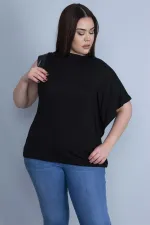 Kadın Siyah Tek Kol Ağzı Suni Deri Detaylı Düşük Kollu Bluz 65N25593