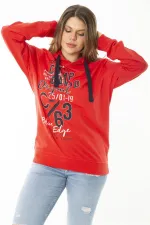 Women's Plus Size Red Double-Thread Front Printed Hooded Sweatshirt 65N37161