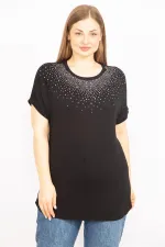 Kadın Mürdüm Büyük Beden Taş Detaylı Düşük Kol Bluz 65N35636