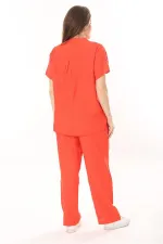 Kadın Büyük Beden Nar Ön Pat Düğmeli Tunik Ve Pantolon İkili Takım 65N37879