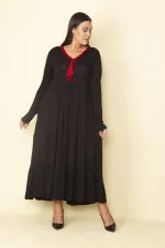 Kadın Kırmızı Yaka Detaylı Belden Büzgülü Katlı Uzun Elbise 65N28082