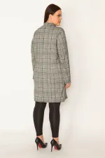 KADIN GRİ EKOSE DESENLİ ASTARSIZ ÖN DÜĞMELİ CEPLİ UZUN CEKET