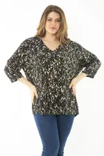 Kadın Büyük Beden Kahve Yaka Pileli Kapri Kollu Bluz 65N37147