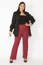 Kadın Bordo Kendinden Çizgili Strech Geniş Paçalı Pantolon 65N28669
