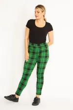 Kadın Kırmızı Ekose Desenli Süs Fermuar Cepli Tayt 65N34640