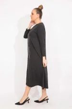 Kadın Antrasit Suni Deri Garnili Uzun Kollu Elbise 65N35528