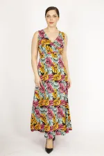 Kadın Renkli Büyük Beden Anvelop Yakalı Renkli Uzun Elbise