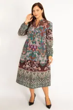 Kadın Renkli Ön Pat Düğmeli Belden Büzgülü Elbise 65N34612