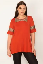 KADIN ORANJ FİLE DETAYLI VİSKON BLUZ