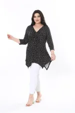Kadın Büyük Beden Siyah Göğüs Büzmeli Puan Desenli Kapri Kollu Bluz 65N37949
