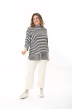 Kadın Büyük Beden Siyah Dik Yakalı Yan Yırtmaçlı Sim Çizgili Tunik 65N37523