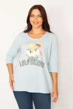 Tunique à manches courtes pour femme, imprimé bleu et sequins, 85N7185