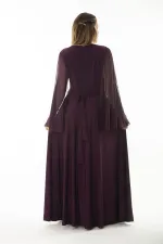 Kadın Büyük Beden Lacivert Bel Detaylı Kolları Tül Abiye Elbise 65N37065